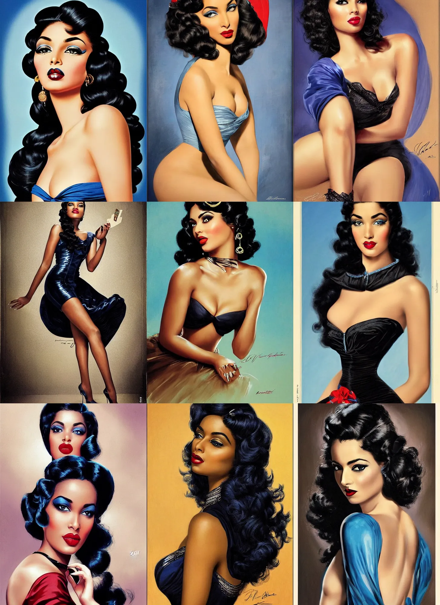 Prompt: african ameera al taweel, blue eyes, wavy black hair, seductive, beautiful by gil elvgren