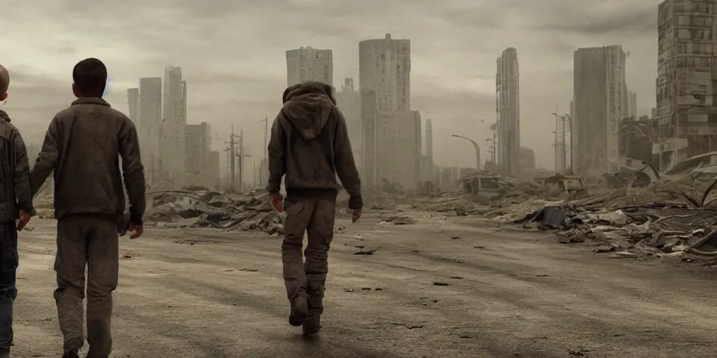 Image similar to A young boy and his father walk down a long road in a grey, ruined, post apocalyptic city, cinematic