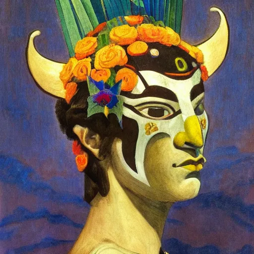 Image similar to head of a beautiful boy wearing a carnival mask made of stylized flowers, by diego rivera and john watkiss and annie swynnerton, art deco shaman, art brut, symbolist, dramatic cinematic lighting, god rays, iridescent beetles, clean crisp graphics, smooth sharp focus, extremely detailed