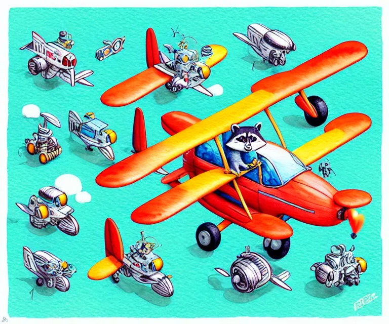 Prompt: cute and funny, racoon riding in a tiny airplane with oversized engines, ratfink style by ed roth, centered award winning watercolor pen illustration, isometric illustration by chihiro iwasaki, edited by range murata, tiny details by artgerm and watercolor girl, symmetrically isometrically centered