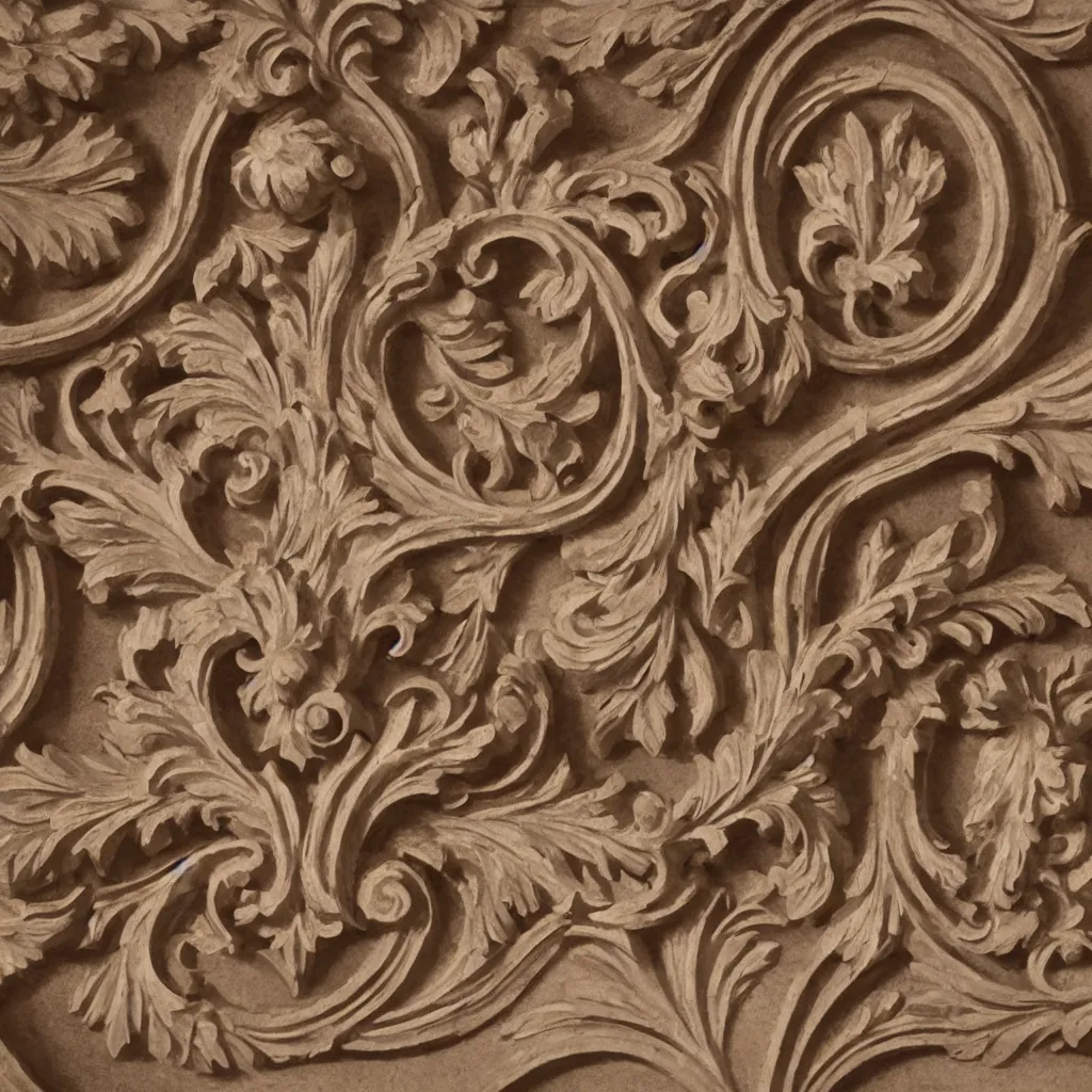 Image similar to a beautiful and masterful engraving decorative ornamental emblem, acanthus, floral, acroteria, arabesque, bead and reel, beams, bocage, cartouche, caulicoli, dentils, eagle, encarpus, rendered in octane