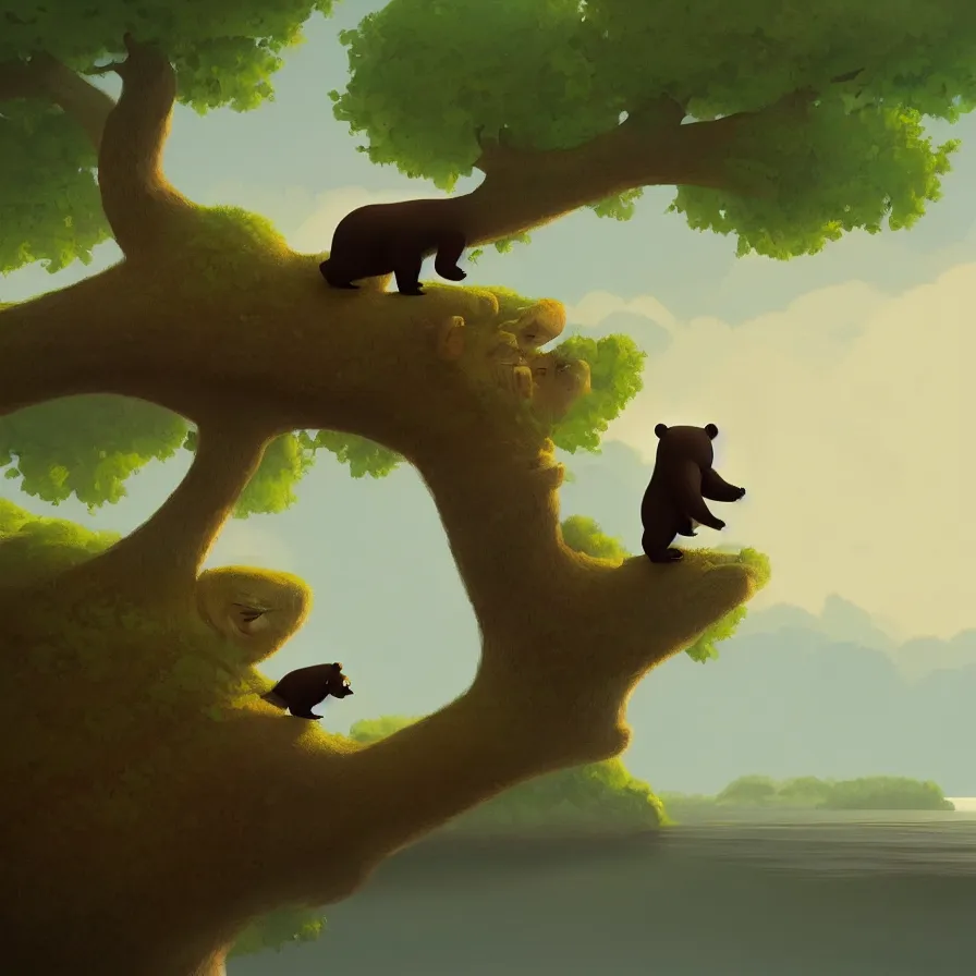 Image similar to Bear on a tree crossing the river, art by Goro Fujita, ilustration, concept art, sharp focus, ArtStation, Deviantart