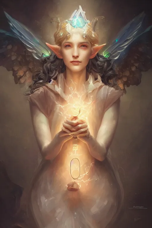 Prompt: portrait of a beautiful elf casting magic spell holding diamonds, angel, fantasy, dramatic lighting, highly detailed, digital painting, holding electricity, magic the gathering, hyper detailed, 3 d render, hyper realistic detailed portrait, peter mohrbacher, wlop, ruan jia