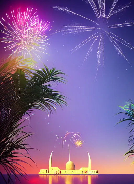 Image similar to 🌟🌜fireworks, Art Deco, in SANTORINI island, palm trees, crystal clear neon water, starry night, Trending artstation, octane render, cgsociety, surrealist, cinematic, shadow of the tomb rider