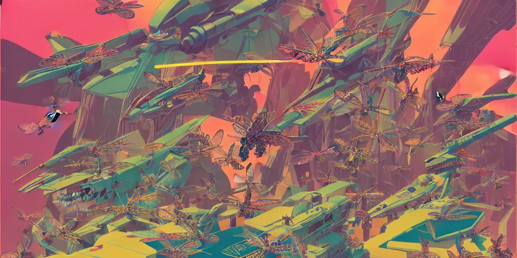 Image similar to risograph, gigantic mecha arzach birds with dragonflies, tiny rats, a lot of exotic animals around, big human faces everywhere, helicopters and tremendous birds, by satoshi kon and moebius, matte colors, surreal psychedelic design, crispy, super - detailed, a lot of tiny details, 4 k, fullshot