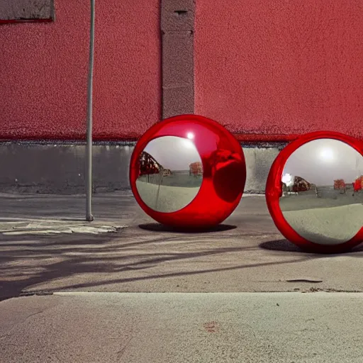 Prompt: chrome spheres on a red cube by gregory crewdson