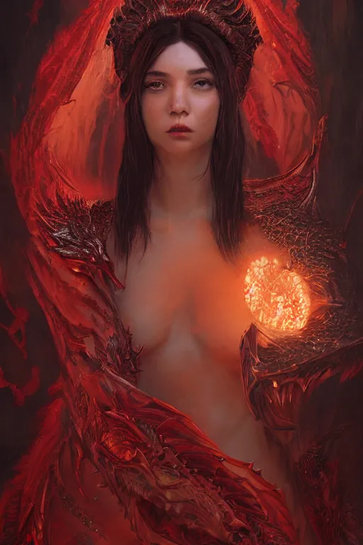 Image similar to a fancy portrait of an attractive dragon women with red dragon scales by Greg Rutkowski, Sung Choi, Mitchell Mohrhauser, Maciej Kuciara, Johnson Ting, Maxim Verehin, Peter Konig, final fantasy , mythical, 8k photorealistic, cinematic lighting, HD, high details, atmospheric,