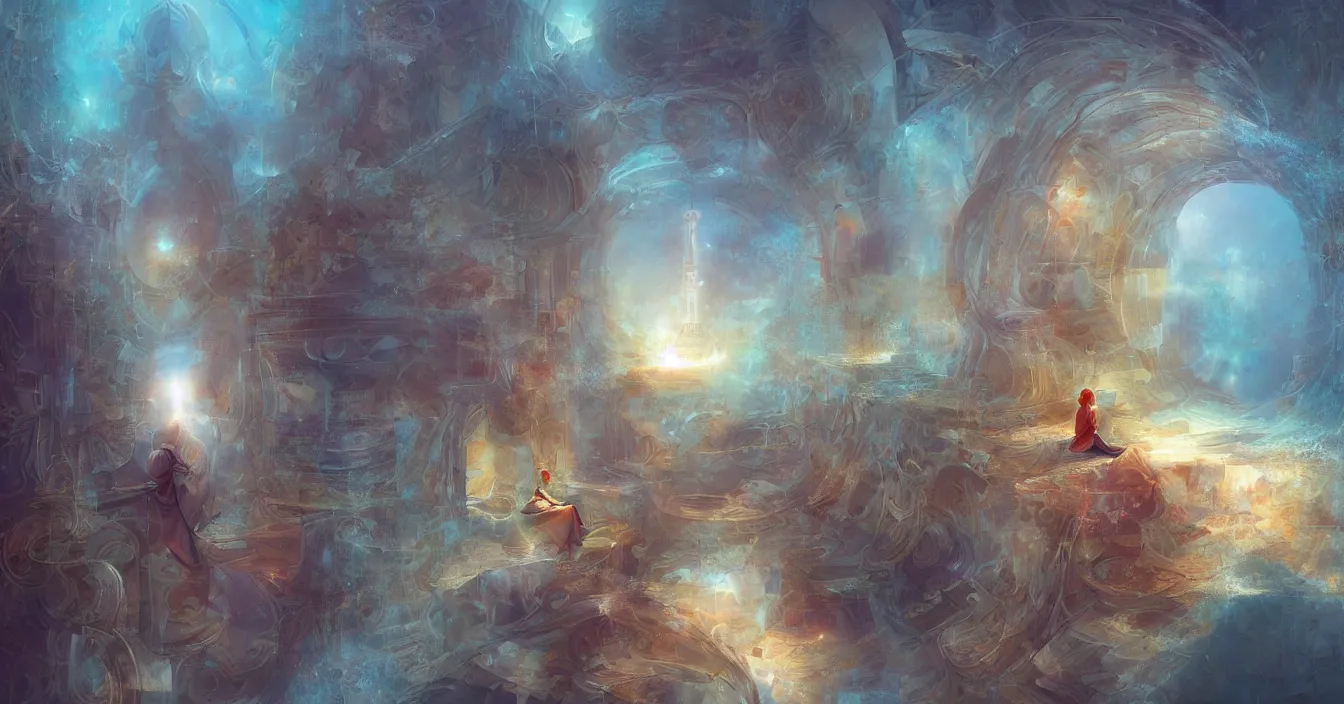 Prompt: Imagination of The point of view of human consciousness from calm space behind mirror into world of physical reality, deep sense of spirituality, life meaning, meaning of physical reality, calm atmosphere, by Marc Simonetti