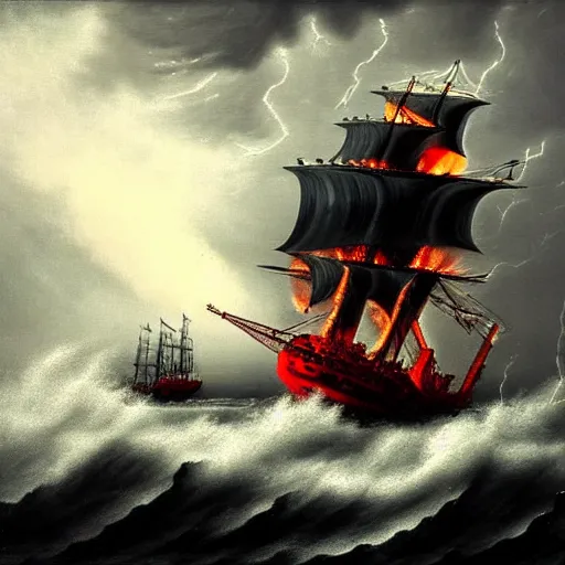 Image similar to a highly detailed hyperrealistic scene of a ship being attacked by giant squid tentacles, jellyfish, squid attack, dark, voluminous clouds, thunder, stormy seas, pirate ship, dark, high contrast, black and white, red, fiery storm