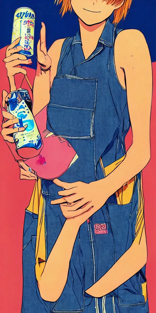 Prompt: y 2 k aesthetic japanese pop - culture magazine illustration, girl in tank - top and denim jump suit holding a can of soda near her smiling face