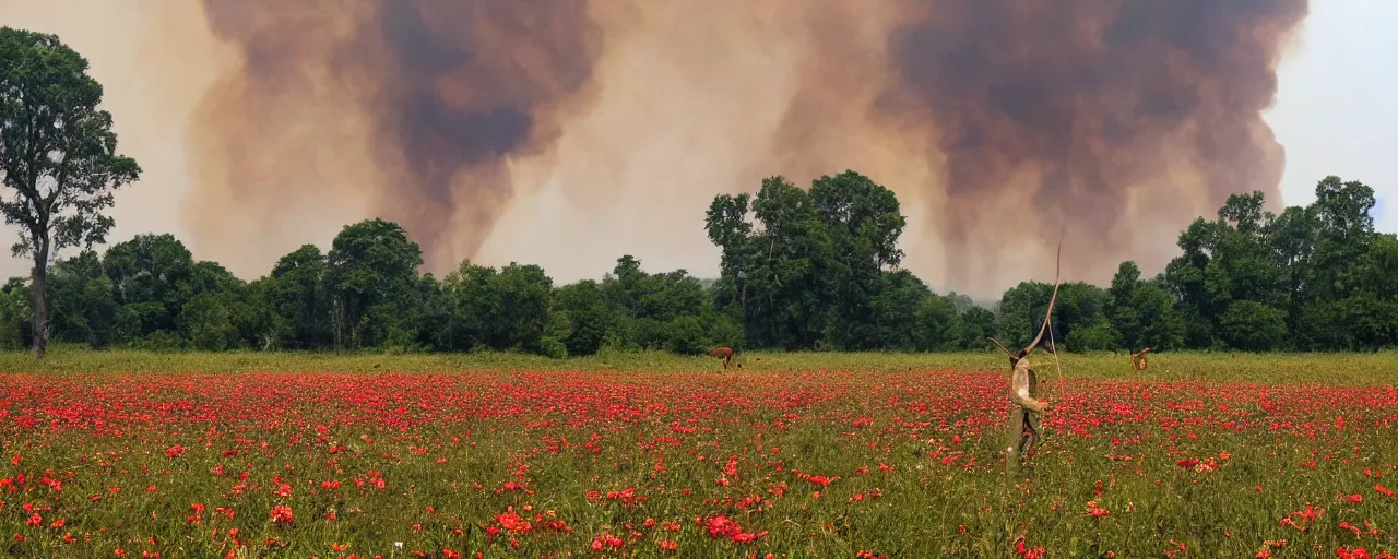 Prompt: a wide angle view of a beautiful field full of flowers, butterflies, deer and birds, with a large stilt walking monster in the distance, there are fires and smoke in the distance