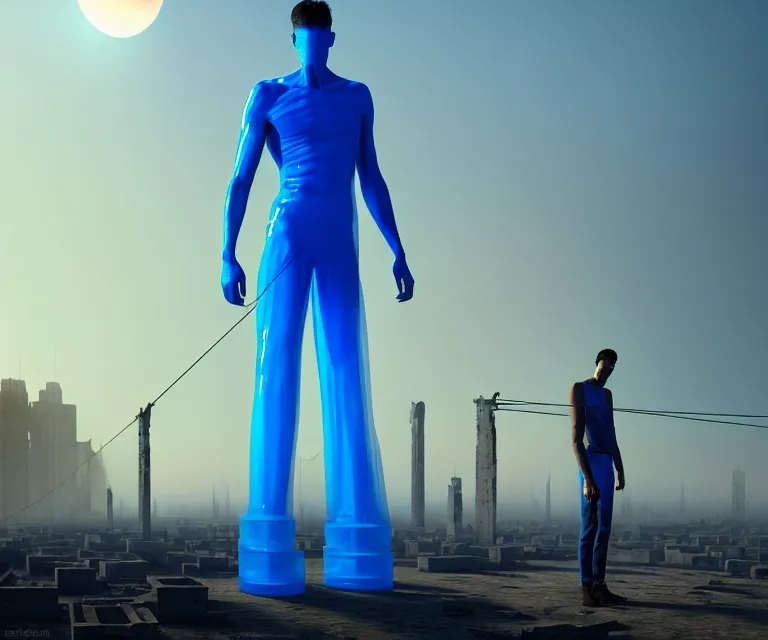 Image similar to tall man consisting of blue translucent shiny material and steel bars, standing in ruins in the sunrise. extremely high details, solo, masterpiece, photorealistic, hyperrealism, cinematic, fantasy, octane render, volumetric lighting, depth of field, bokeh, cgsociety by ed binkley, johannen voss, dragan bibin