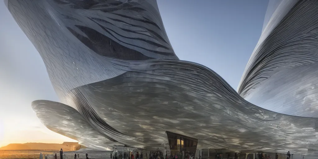 Image similar to extremely detailed ornate stunning sophisticated beautiful elegant futuristic museum exterior by Zaha Hadid, stunning volumetric light, stainless steal, concrete, translucent material, beautiful sunset, tail lights