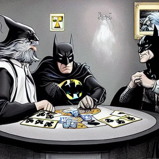 Image similar to Batman playing poker with Gandalf the Grey