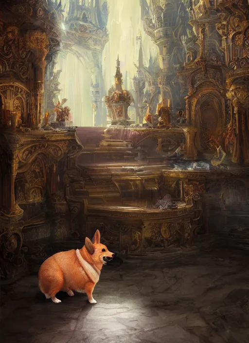 Image similar to beautiful fantasy painting of corgi god chilling in palace, by Ruan Jia, Pascal Blanche, Jake Parker. Trending on Artstation, 8k, masterpiece, graffiti paint, fine detail, full of color, intricate detail