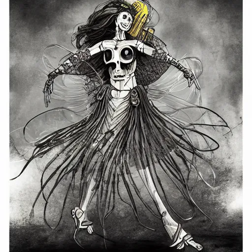 Image similar to aerial dancer in city of skeletons by ueshiba riichi illustration, highly detailed dress, concept art