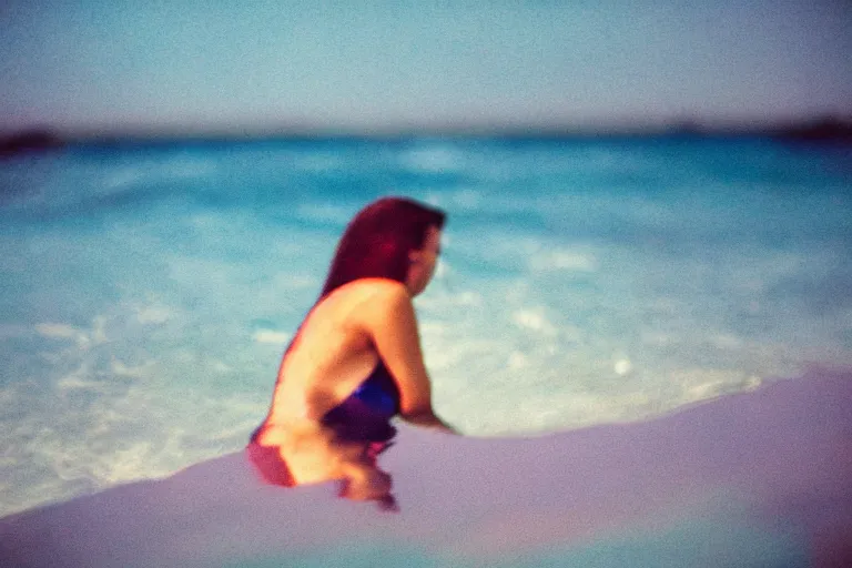 Image similar to colored photography, close-up from behind woman swimming in ocean at night, blue light, 35mm film,