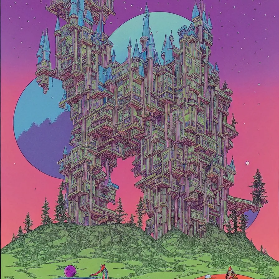 Image similar to ( ( ( ( a majestic castle at the end of a forest and an astronaut looking at it, with decorative frame design ) ) ) ) by mœbius!!!!!!!!!!!!!!!!!!!!!!!!!!!, overdetailed art, colorful, artistic record jacket design