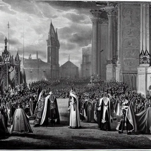 Image similar to Black and White photo of a Royal Procession, the Queen holding hands with the Devil, 4k, highly detailed, 1852