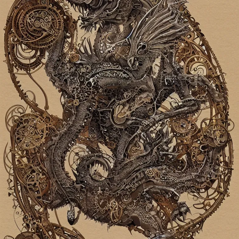 Prompt: ultra realistic illustration of a steampunk mechanical dragon art nouveau filgree scrollwork, masterpiece, sharp