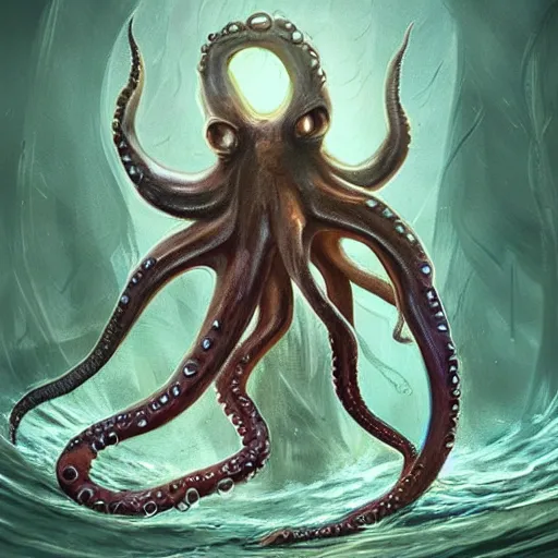 Image similar to an eldritch octopus holding swords in its tentacles, rising up out of water, fantasy art, concept art, illustration, artstation award, atmospheric, dramatic, action, waves