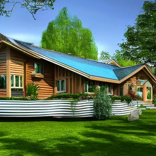 Prompt: full view of a beautiful concept cottage designed for cozy, curves!!, natural contour aesthetics!!, energy efficiency and maximizing plants and greenery, golden light, high resolution, professional