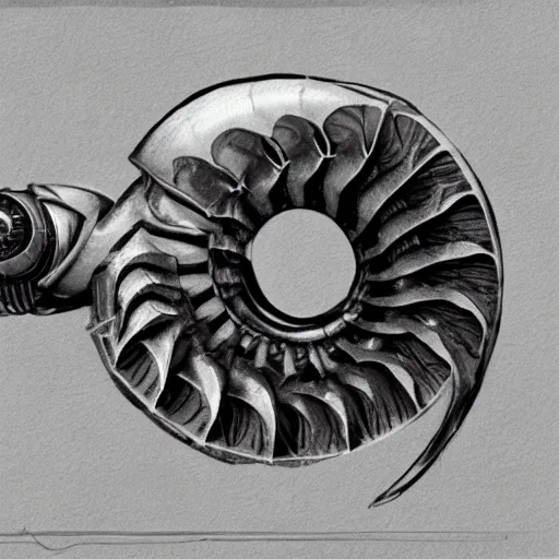 Prompt: A photo realistic sketch of a cybernetic nautilus.