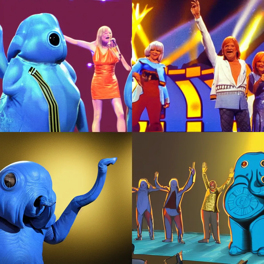 Prompt: eurovision winner max rebo on the stage celebrating with abba, digital concept art