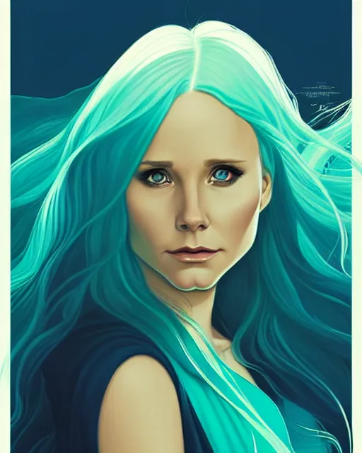 Image similar to style artgerm, joshua middleton, beautiful kristen bell with green dress, very long blue hair, symmetrical face, symmetrical eyes, water powers water swirling, detailed, beach setting, cinematic lighting