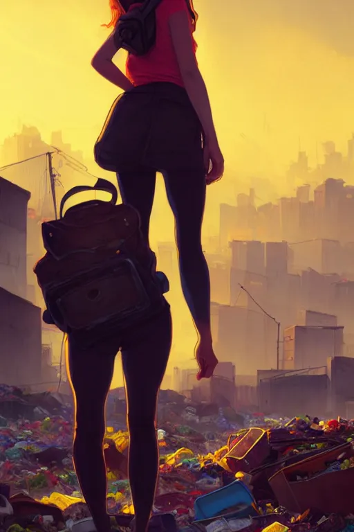 Image similar to young woman minishort with backpack looking at food at garbage dump, destroyed cars, city is pure wasteland, moody sunset background, rays of sunlights, ( ( ( rainbow ) ) ), high details, sharp, photorealism, cinematic, greg rutkowski, alphonse mucha, trending on artstation, artgerm, unreal engine, highly detailed