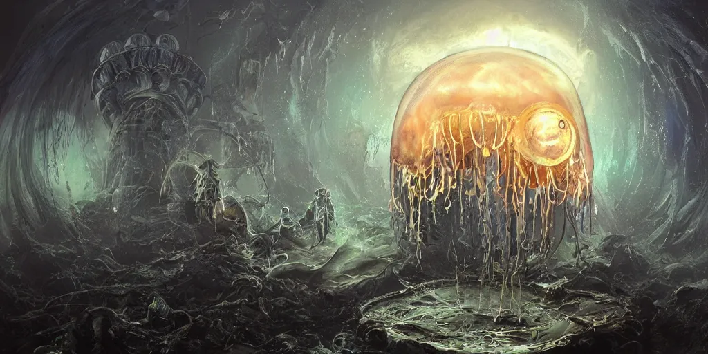 Image similar to concept art of giant translucent glowing jellyfishes, lovecraftian divers helmet, lots of teeth, melting horror, round moon, rich clouds, fighting the horrors of the unknown, mirrors, very detailed, volumetric light, mist, grim, fine art, decaying, textured oil over canvas, epic fantasy art, very colorful, ornate, anato finnstark