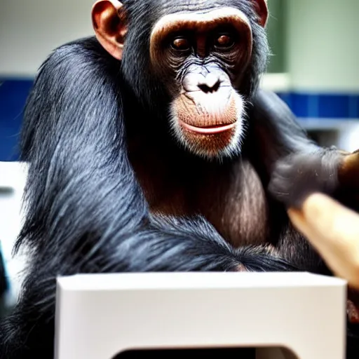 Image similar to chimpanzee getting a haircut at the barber, realistic, cute, photogenic, well lit