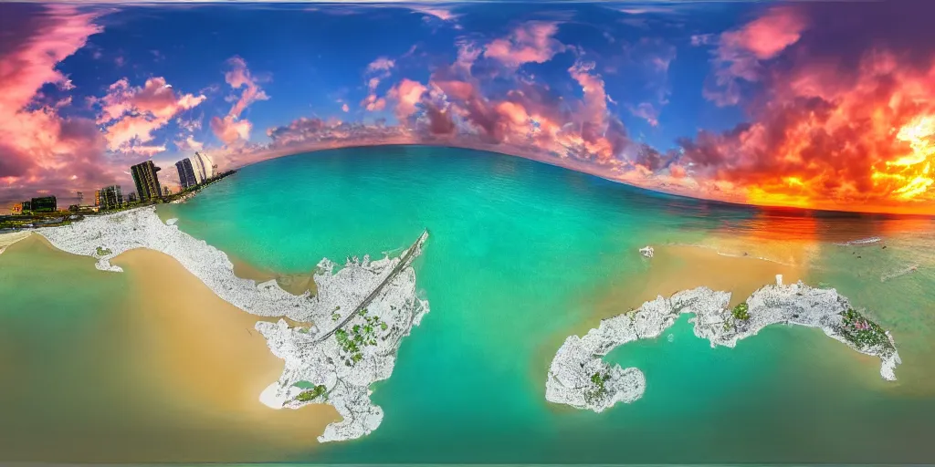 Prompt: 3 6 0 panorama hdr environment map of a being on the beach in miami during a sunset beach party photograph very high detail focus octane render