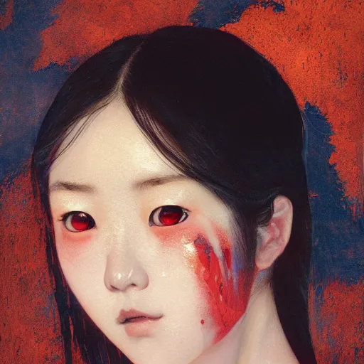 Image similar to beautiful young japanese girl with glowing red eyes, chapped lips, facial veins, black undereyes, finds herself lost in a dark indigo room, muted cold colors, painting part by wojciech siudmak, part by ilya repin, part by norman rockwell, artstation