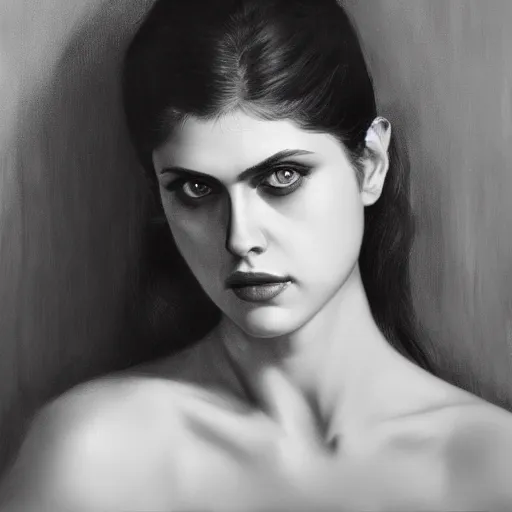 Image similar to ultra realistic portrait painting of alexandra daddario, art by frank frazetta, 4 k, ultra realistic, highly detailed, epic lighting