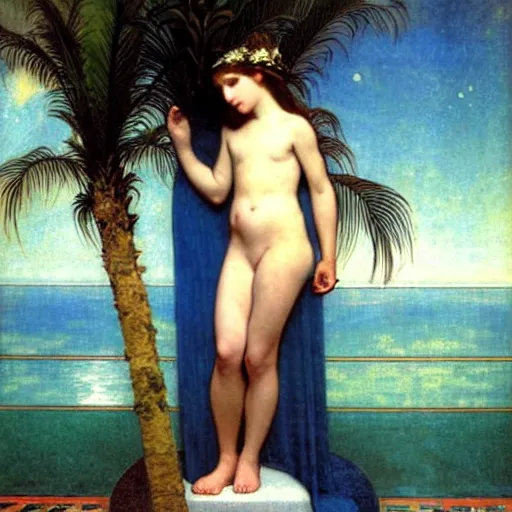 Image similar to Moon girl at the palace, thunderstorm, greek pool, beach and palm trees on the background major arcana sky, by paul delaroche, alphonse mucha and arnold böcklin arnold böcklin hyperrealistic 8k, very detailed