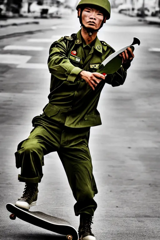 Prompt: vietnam soldier with skateboard, photography, hyperrealistic, vogue magazine photo style, dynamic composition, intricate, comfort posse, smooth, sharp focus, captured by nikon d 8 5 0, 4 k, full body.