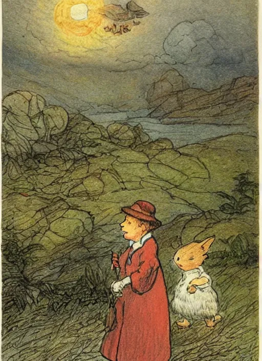 Image similar to transitioning from day to night, surrounded by light clouds, landscape, illustrated by peggy fortnum and beatrix potter and sir john tenniel