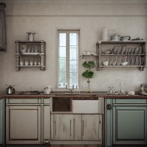 Image similar to a detalied 3 d render of a shabby chic kitchen, by valentin franke, ilya galinsky trending of artstation, photorealism