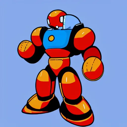 Image similar to His armor, however, resembles that of most other Robot Masters in that it's a skintight bodysuit with large rounded coverings on the lower arms and legs, and typical 'superhero briefs'. Mega Man's primary color is light blue with a dark blue 'trim' (his arms, legs, helmet and 'briefs'). His helmet has a raised light blue square in the forehead and a light blue ridge running straight back from the square, resembling an exclamation mark. His helmet also features round light blue sections with red circles in the center over his ears. He also has red circles in his Mega Buster and below his feet., Megaman series
