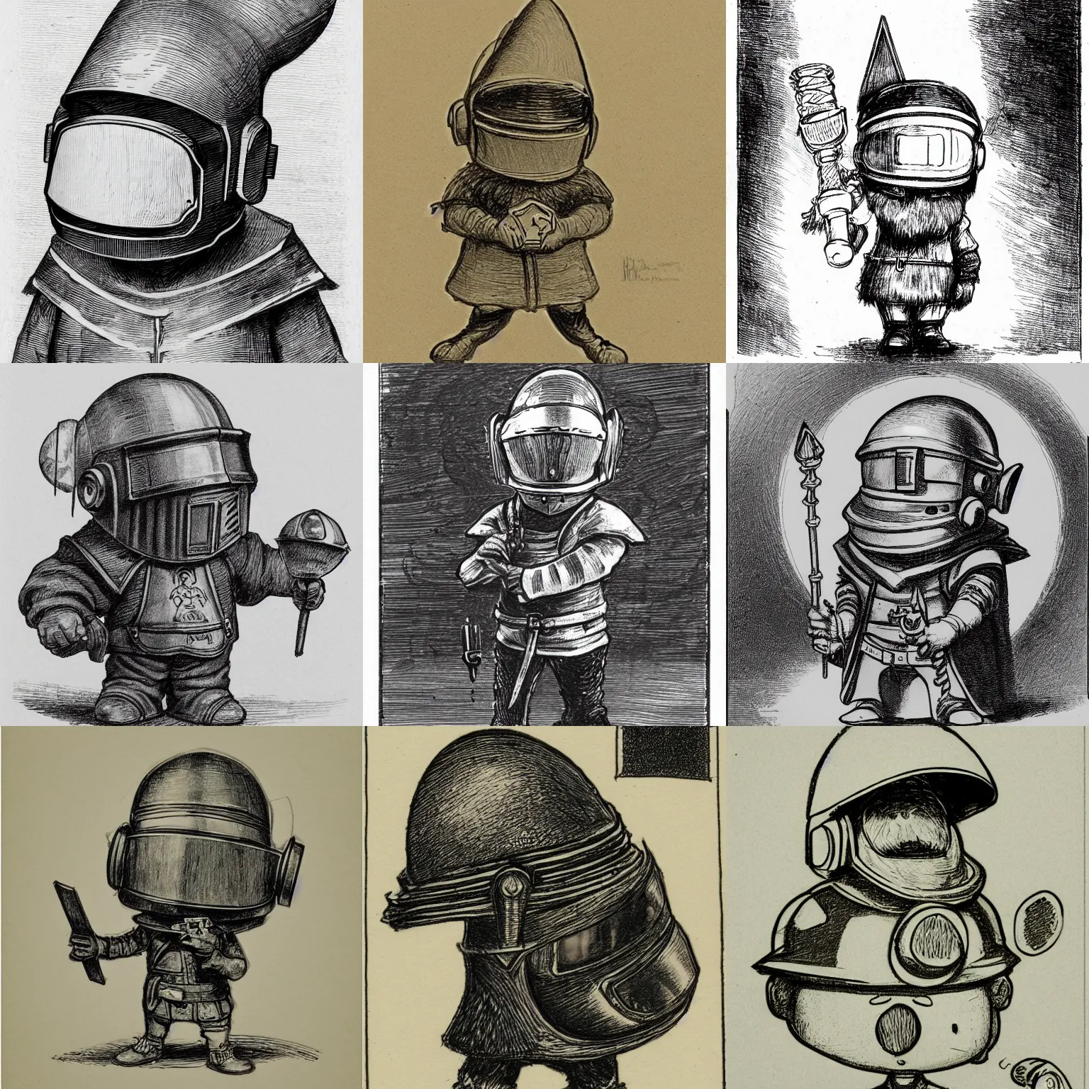 Prompt: sketch of a cute funny chibi dnd gnome forger wearing a daft punk helmet, etching by louis le breton, 1 8 6 9, 1 2 0 0 dpi scan