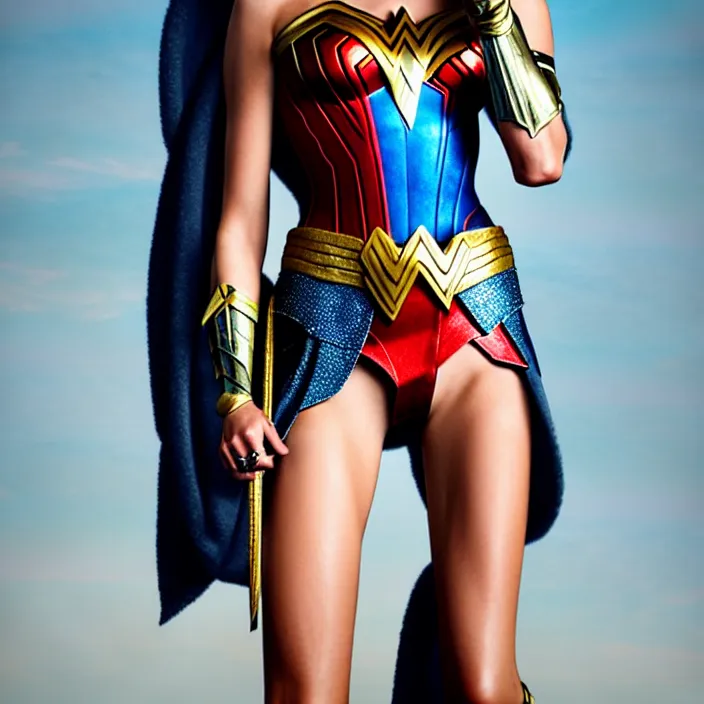 Prompt: professional full length photograph of cara delevingne as wonder woman. Extremely detailed. 8k