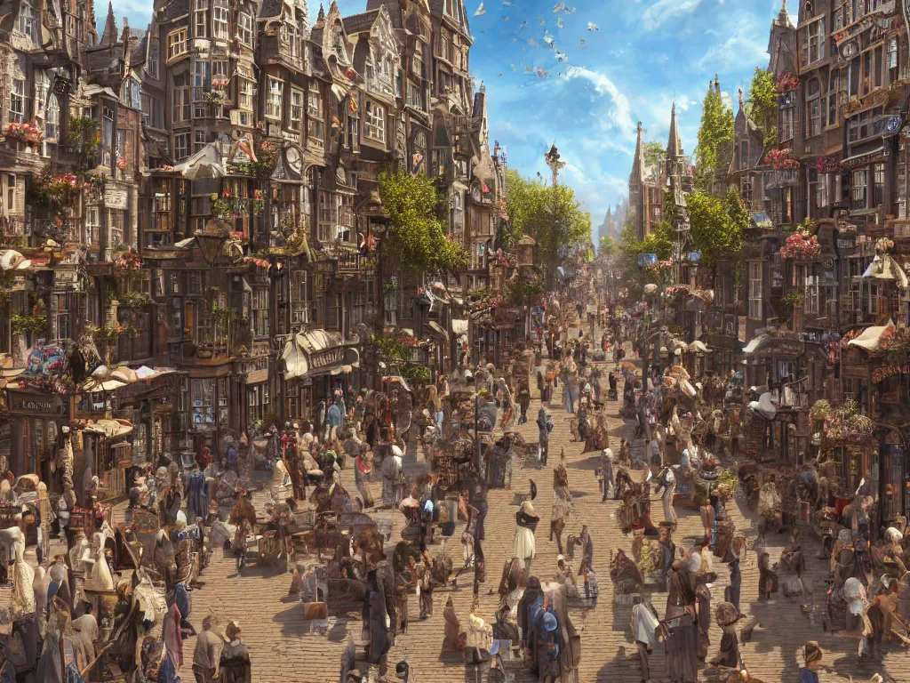 Prompt: streetview of a lively magical town during a festival, inspired by victorian england and amsterdam, sunny weather, highly detailed, intricate, digital painting, trending on artstation, concept art, matte painting, art by greg rutkwowski, craig mullins, octane render, 8 k, unreal engine
