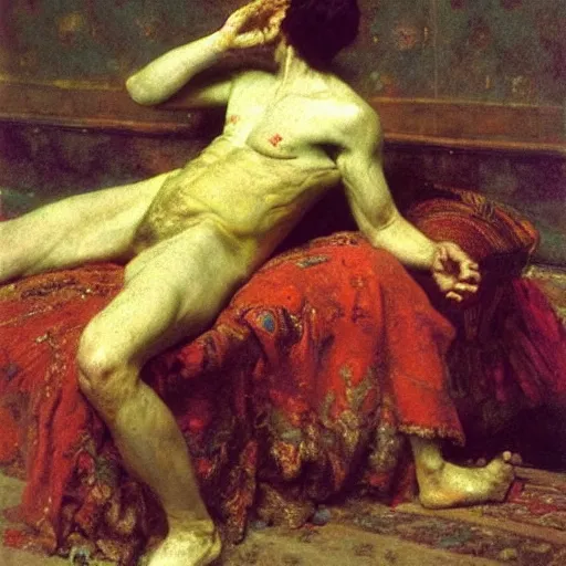 Image similar to the dream of the old tyrant, by ilya repin, oil on canvas, 1 8 8 3