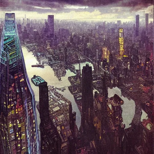 Prompt: “ looking down at a futuristic new york city below, ghostpunk, fog, storm clouds, rain, extremely detailed, by alphonse mucha ”