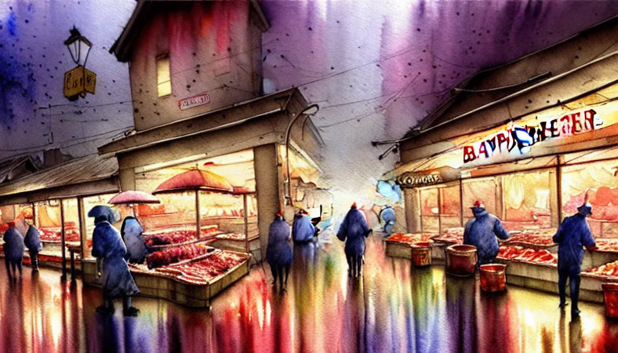 Image similar to watercolor painting of a butcher shop, raining, busy street, romantisism, outrun, pastel colors, painting, moody, detailed, by android jones