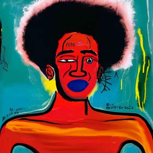 Image similar to A pretty attractive black woman with afro hair with white angel wings and black devil horns standing on earth, creative colors, full body, abstract jean-Michel Basquiat!!!!!!!! oil painting with thick paint strokes!!!!!!!!, oil on canvas, aesthetic, y2k!!!!!!, intricately!!!!!!!! detailed artwork!!!!!!!, trending on artstation, in the style of jean-Michel Basquiat!!!!!!!!!!!!, by jean-Michel Basquiat!!!!!!!!!!!, in the style of jean-Michel Basquiat!!!!!!!!!!!, in the style of jean-Michel Basquiat!!!!!!!!!!!, in the style of jean-Michel Basquiat!!!!!!!!!!!, in the style of jean-Michel Basquiat!!!!!!!!!!!, in the style of jean-Michel Basquiat!!!!!!!!!!!