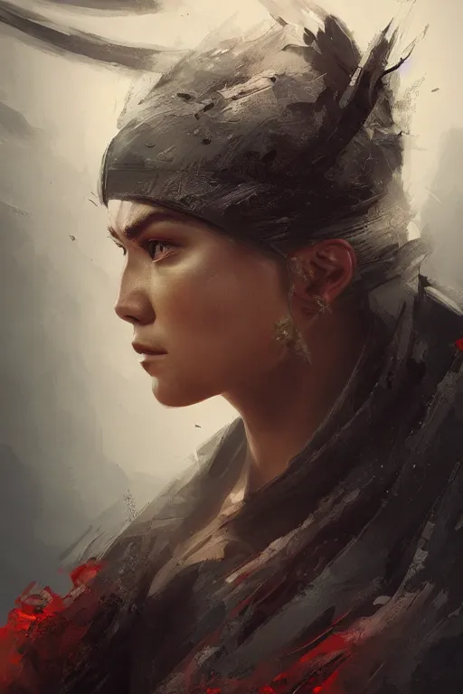 Image similar to powerfull and fierce ninja, close - up portrait, fierce, intricate, elegant, volumetric lighting, scenery, digital painting, highly detailed, artstation, sharp focus, illustration, concept art, ruan jia, steve mccurry