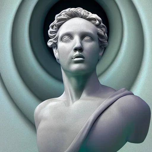 Image similar to 3 d sci - fi cgartist rendering of a hyper realistic marble greek statuary bust floating at the vast pulsating interdimensional fractal space portal at the psychedelic vaporwave event horizon directed by col price, trending on artstation
