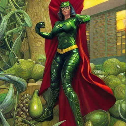 Prompt: avocado superheroine, by donato giancola.